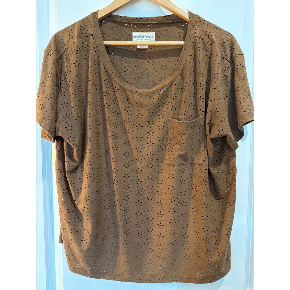 Denim & Supply Ralph Lauren Brown Eyelet Faux Suede Short Sleeve Top Small